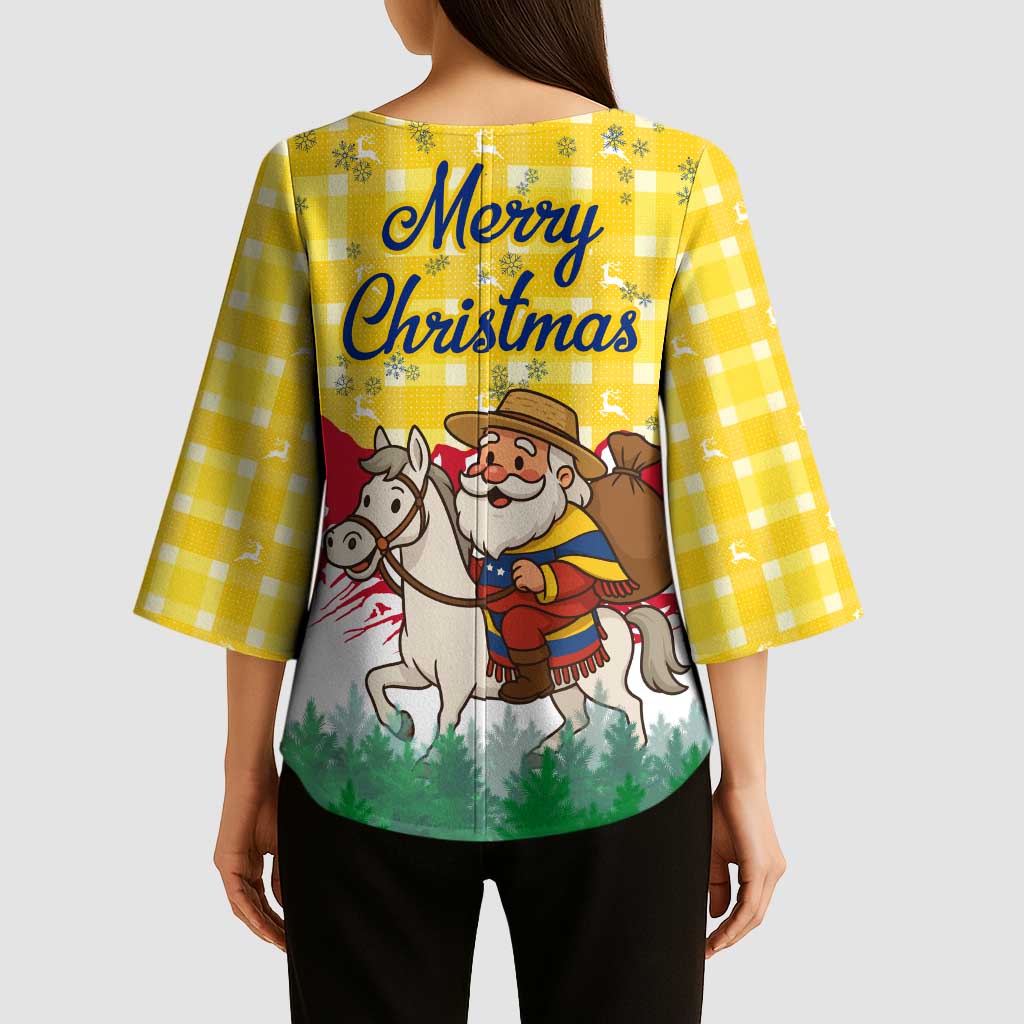 Venezuela Christmas Kimono Sleeve Blouse with Santa on Horse Traditional Outfit Snowflakes and Yellow Plaid - Wonder Print Shop