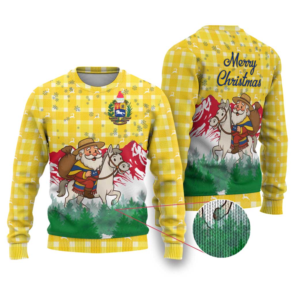 Venezuela Christmas Ugly Christmas Sweater with Santa on Horse Traditional Outfit Snowflakes and Yellow Plaid - Wonder Print Shop