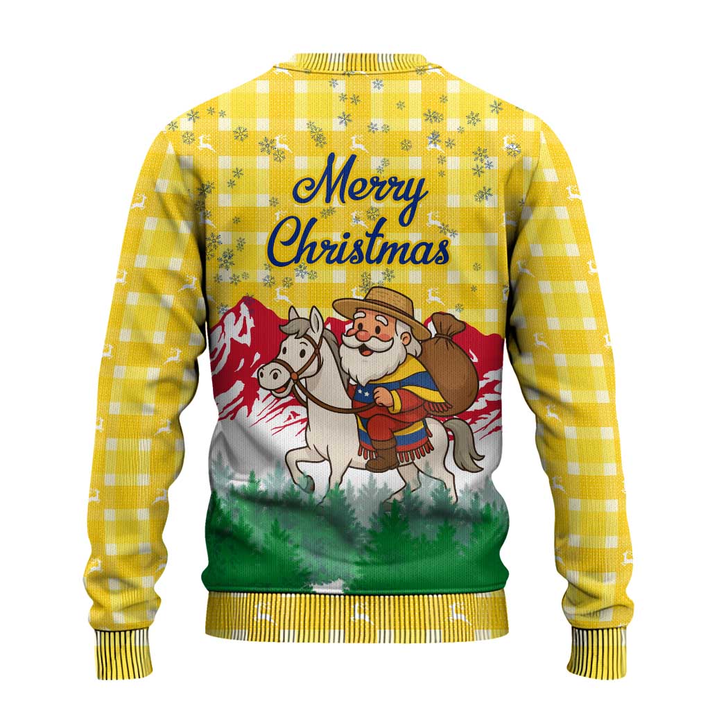 Venezuela Christmas Ugly Christmas Sweater with Santa on Horse Traditional Outfit Snowflakes and Yellow Plaid - Wonder Print Shop