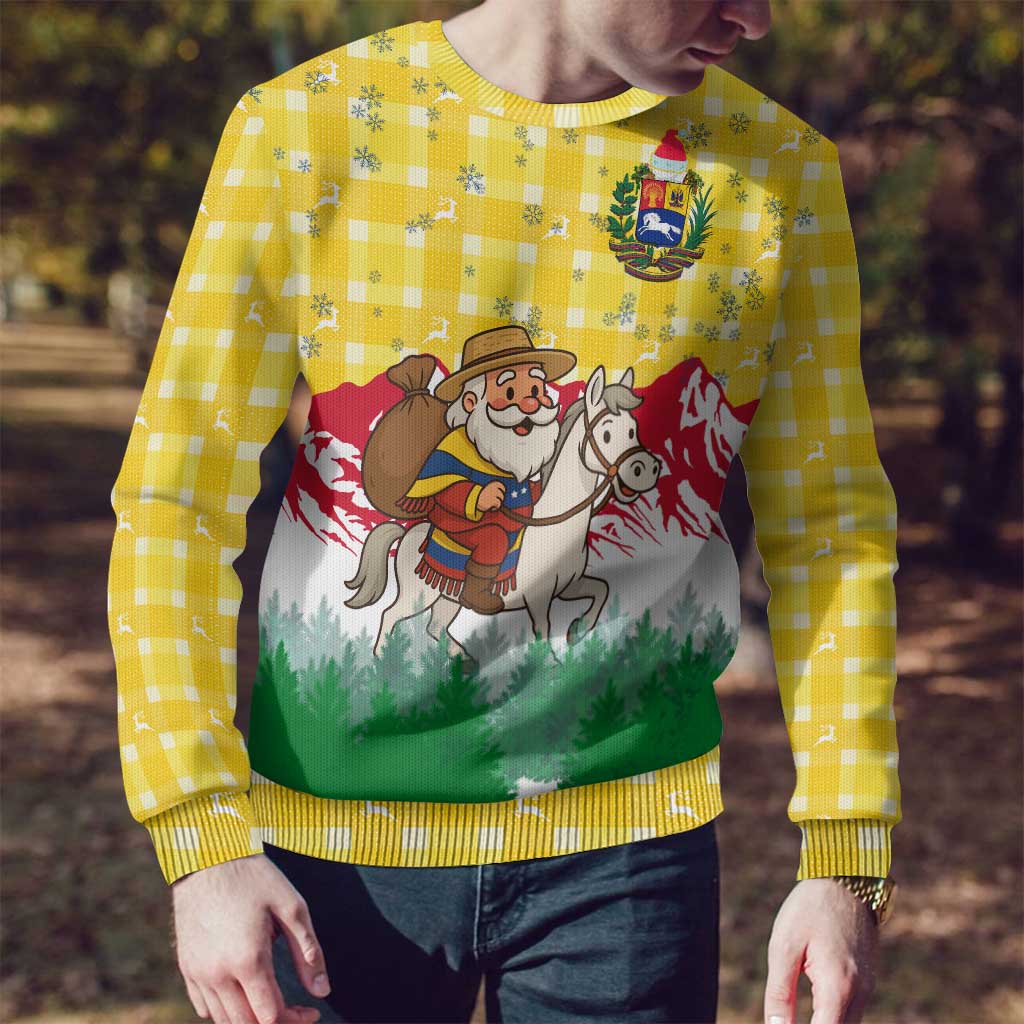 Venezuela Christmas Ugly Christmas Sweater with Santa on Horse Traditional Outfit Snowflakes and Yellow Plaid - Wonder Print Shop