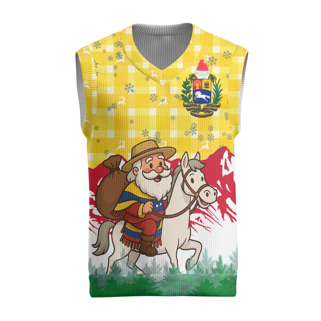 Venezuela Christmas Knitted V-Neck Vest with Santa on Horse Traditional Outfit Snowflakes and Yellow Plaid - Wonder Print Shop