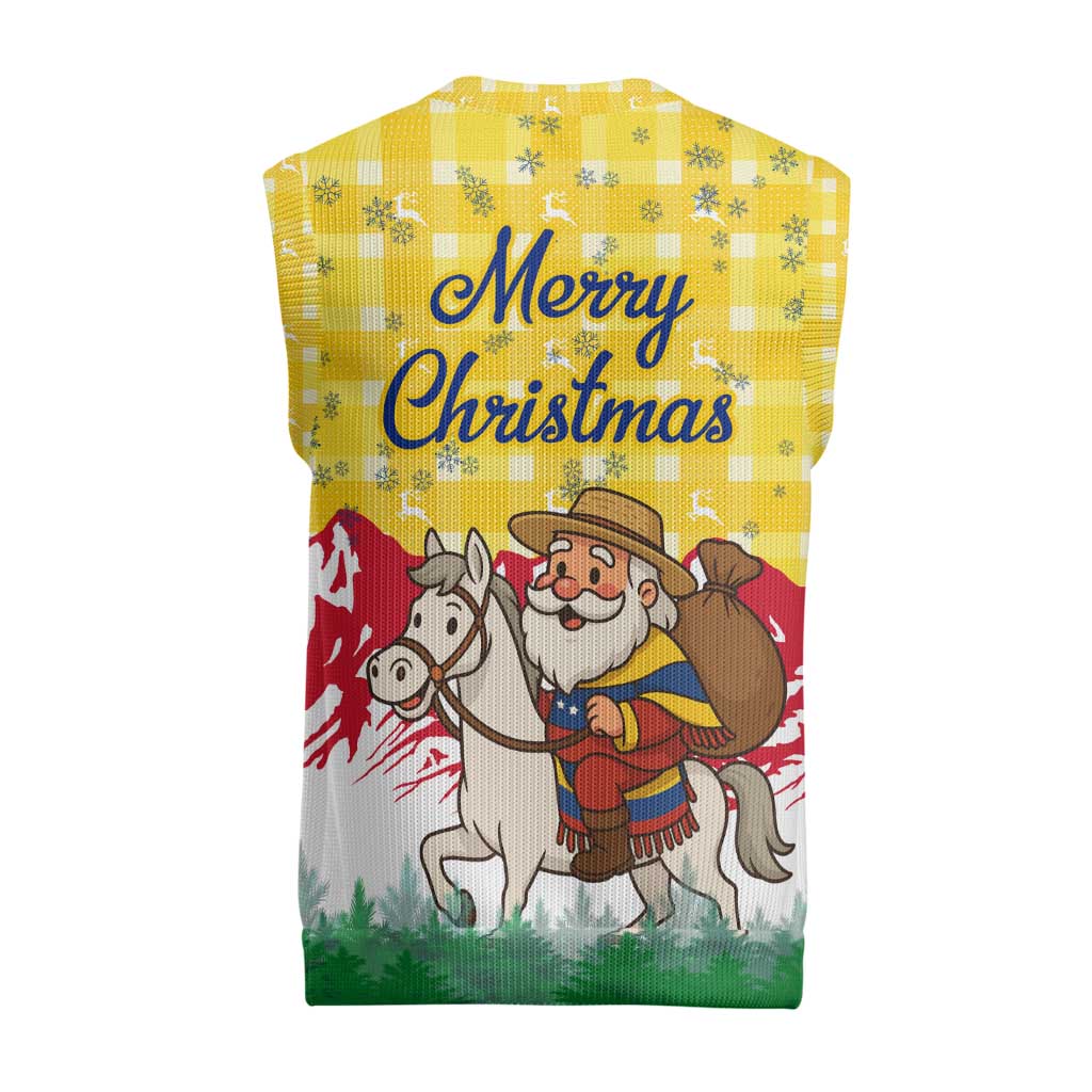 Venezuela Christmas Knitted V-Neck Vest with Santa on Horse Traditional Outfit Snowflakes and Yellow Plaid - Wonder Print Shop