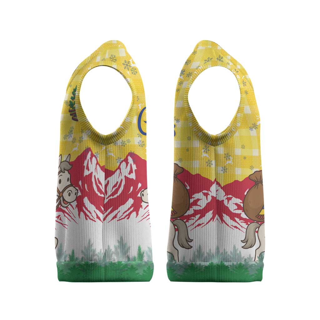 Venezuela Christmas Knitted V-Neck Vest with Santa on Horse Traditional Outfit Snowflakes and Yellow Plaid - Wonder Print Shop