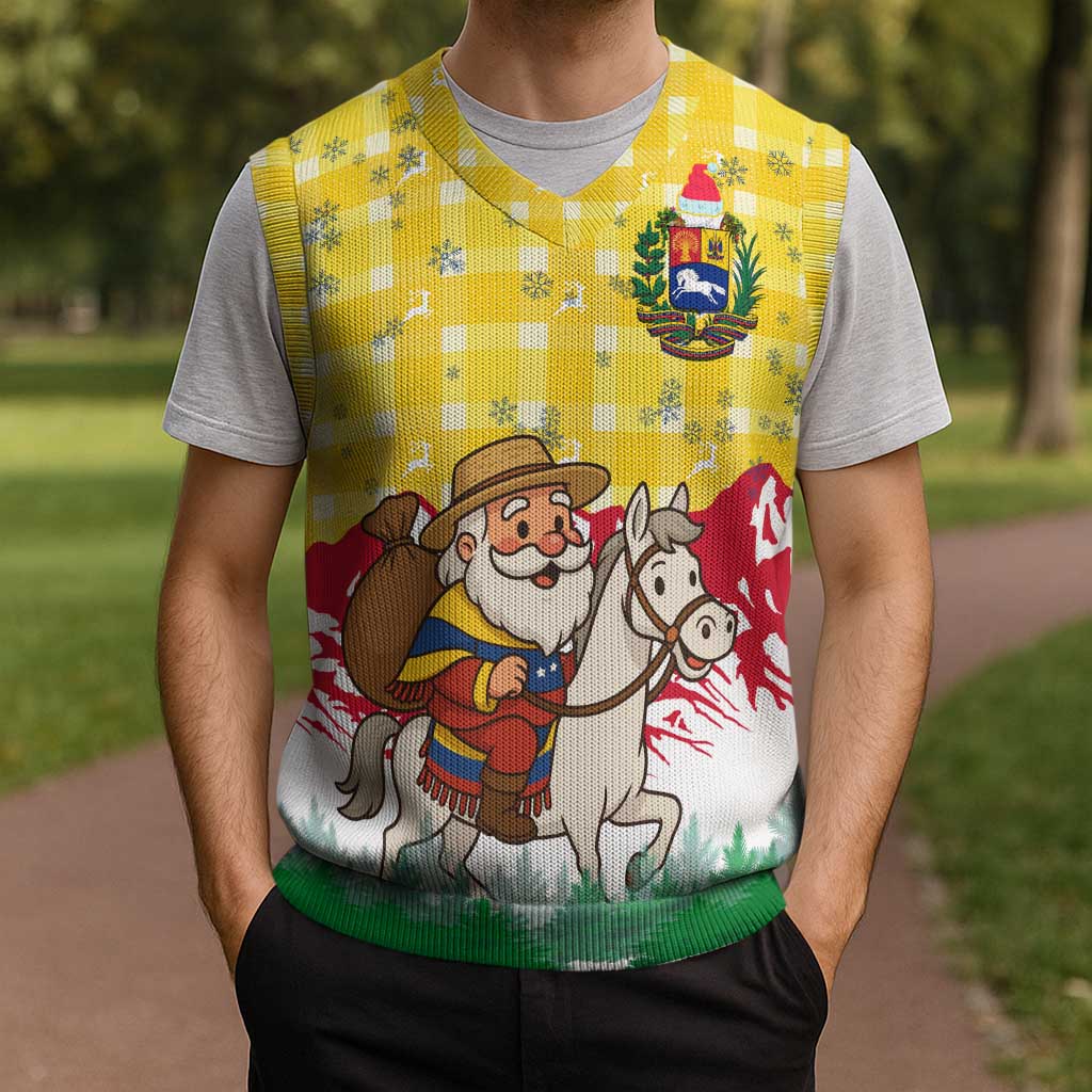 Venezuela Christmas Knitted V-Neck Vest with Santa on Horse Traditional Outfit Snowflakes and Yellow Plaid - Wonder Print Shop