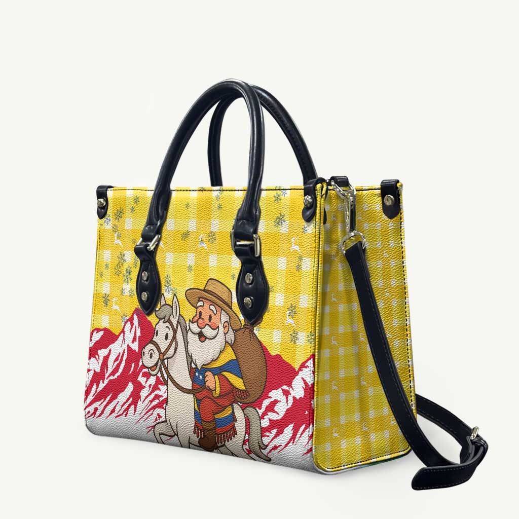 Venezuela Christmas Leather Bag with Santa on Horse Traditional Outfit Snowflakes and Yellow Plaid - Wonder Print Shop