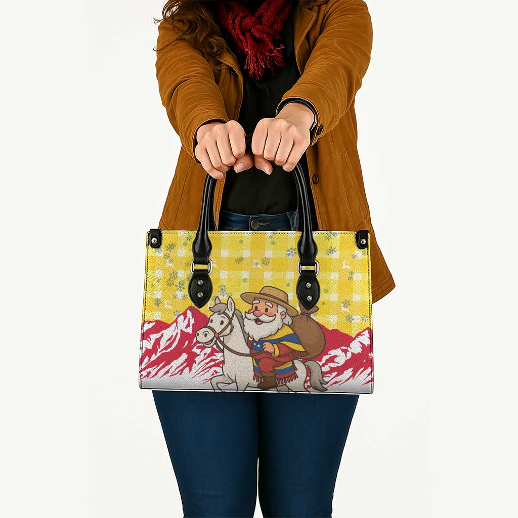 Venezuela Christmas Leather Bag with Santa on Horse Traditional Outfit Snowflakes and Yellow Plaid - Wonder Print Shop