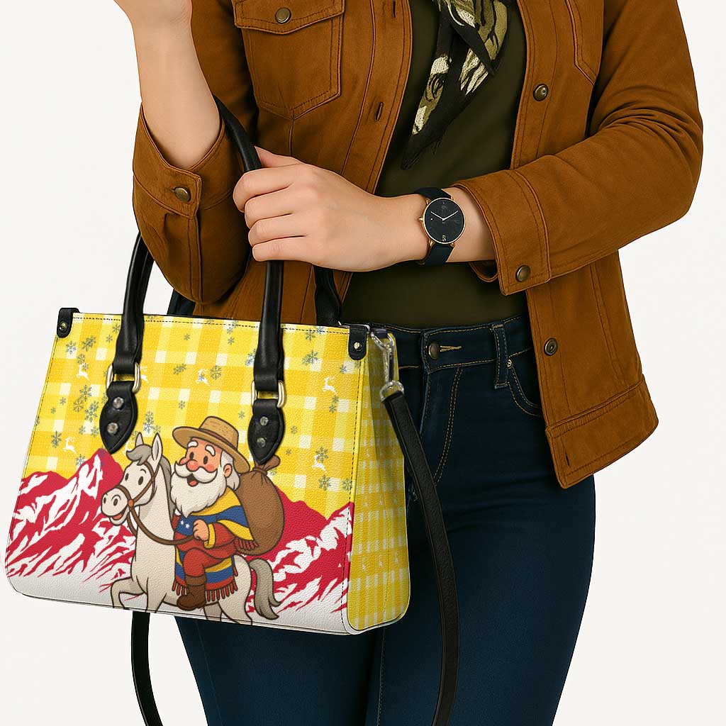 Venezuela Christmas Leather Bag with Santa on Horse Traditional Outfit Snowflakes and Yellow Plaid - Wonder Print Shop