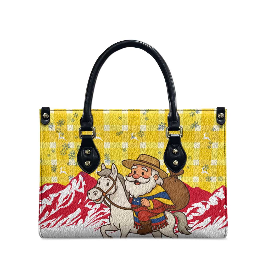 Venezuela Christmas Leather Bag with Santa on Horse Traditional Outfit Snowflakes and Yellow Plaid - Wonder Print Shop