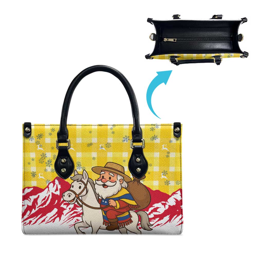 Venezuela Christmas Leather Bag with Santa on Horse Traditional Outfit Snowflakes and Yellow Plaid - Wonder Print Shop