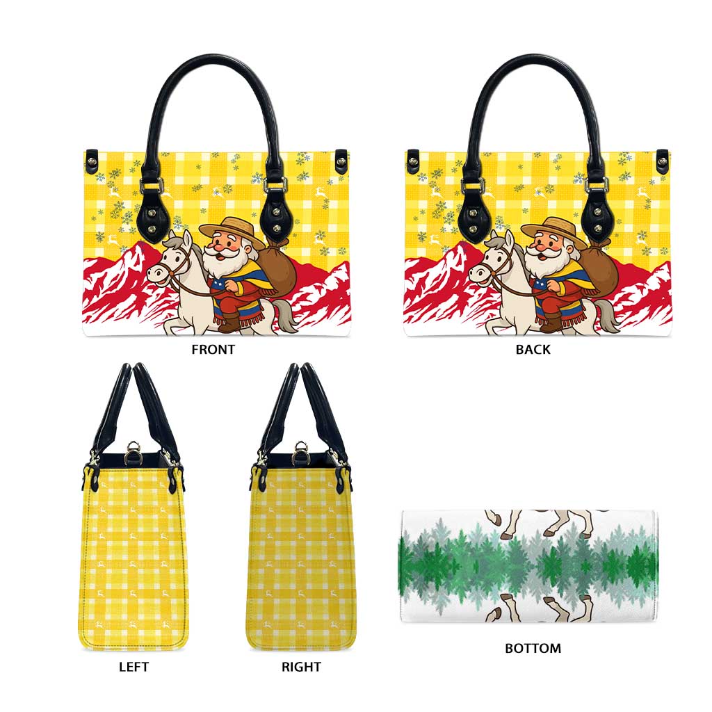 Venezuela Christmas Leather Bag with Santa on Horse Traditional Outfit Snowflakes and Yellow Plaid - Wonder Print Shop
