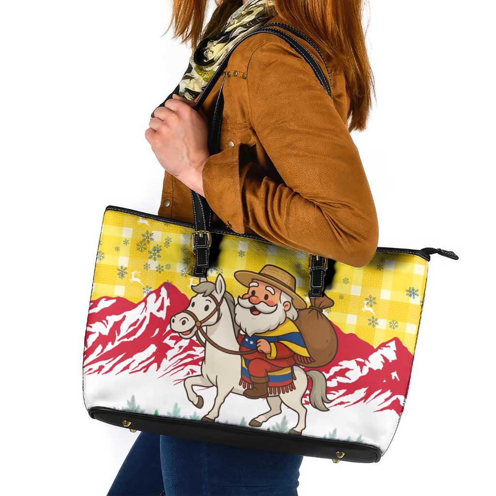 Venezuela Christmas Leather Tote Bag with Santa on Horse Traditional Outfit Snowflakes and Yellow Plaid - Wonder Print Shop