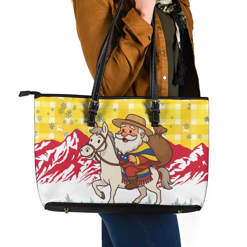 Venezuela Christmas Leather Tote Bag with Santa on Horse Traditional Outfit Snowflakes and Yellow Plaid - Wonder Print Shop