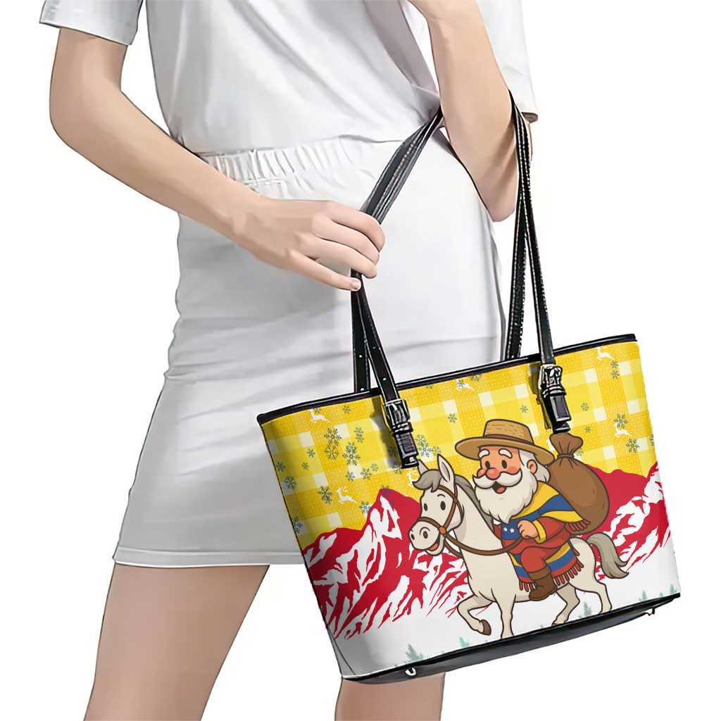 Venezuela Christmas Leather Tote Bag with Santa on Horse Traditional Outfit Snowflakes and Yellow Plaid - Wonder Print Shop