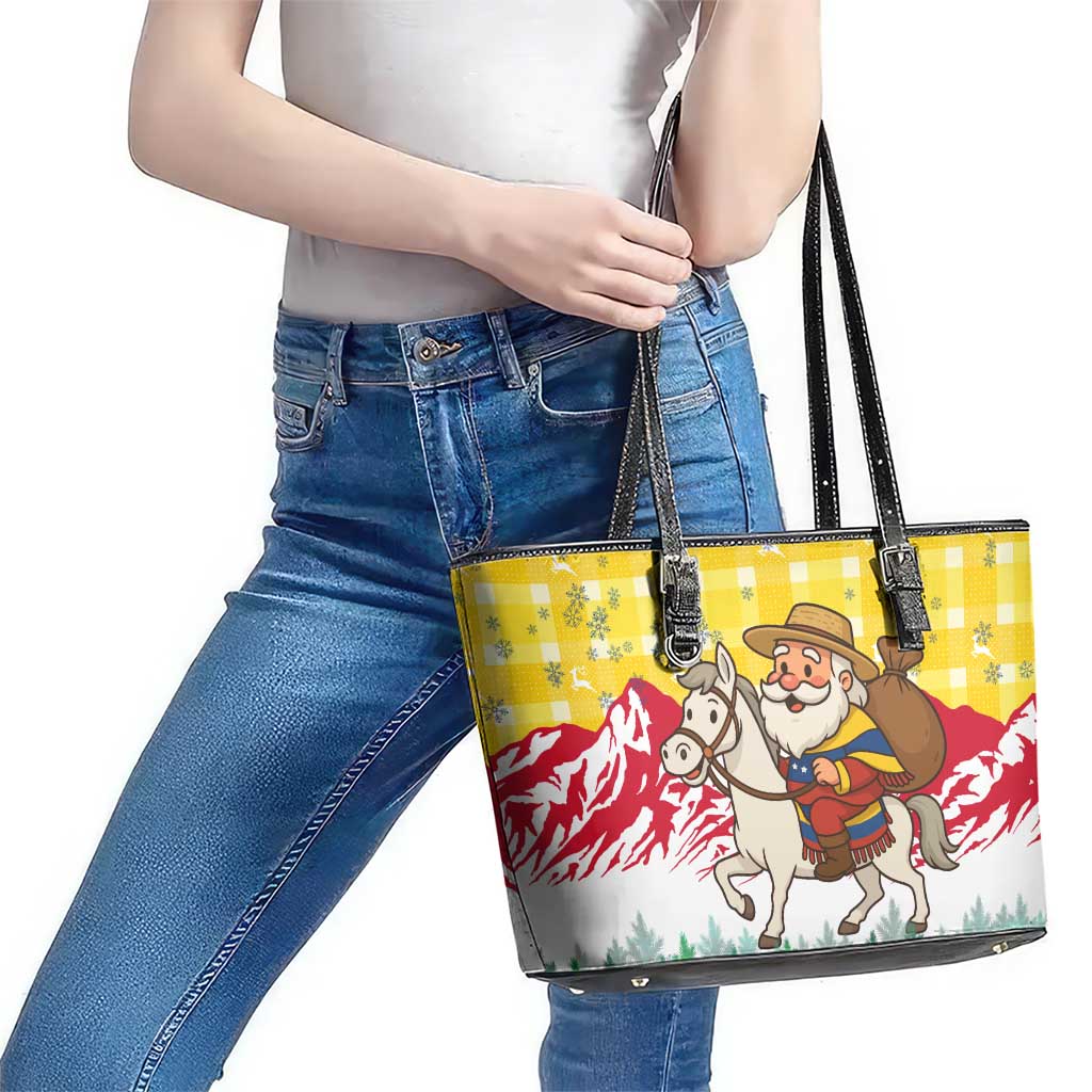 Venezuela Christmas Leather Tote Bag with Santa on Horse Traditional Outfit Snowflakes and Yellow Plaid - Wonder Print Shop