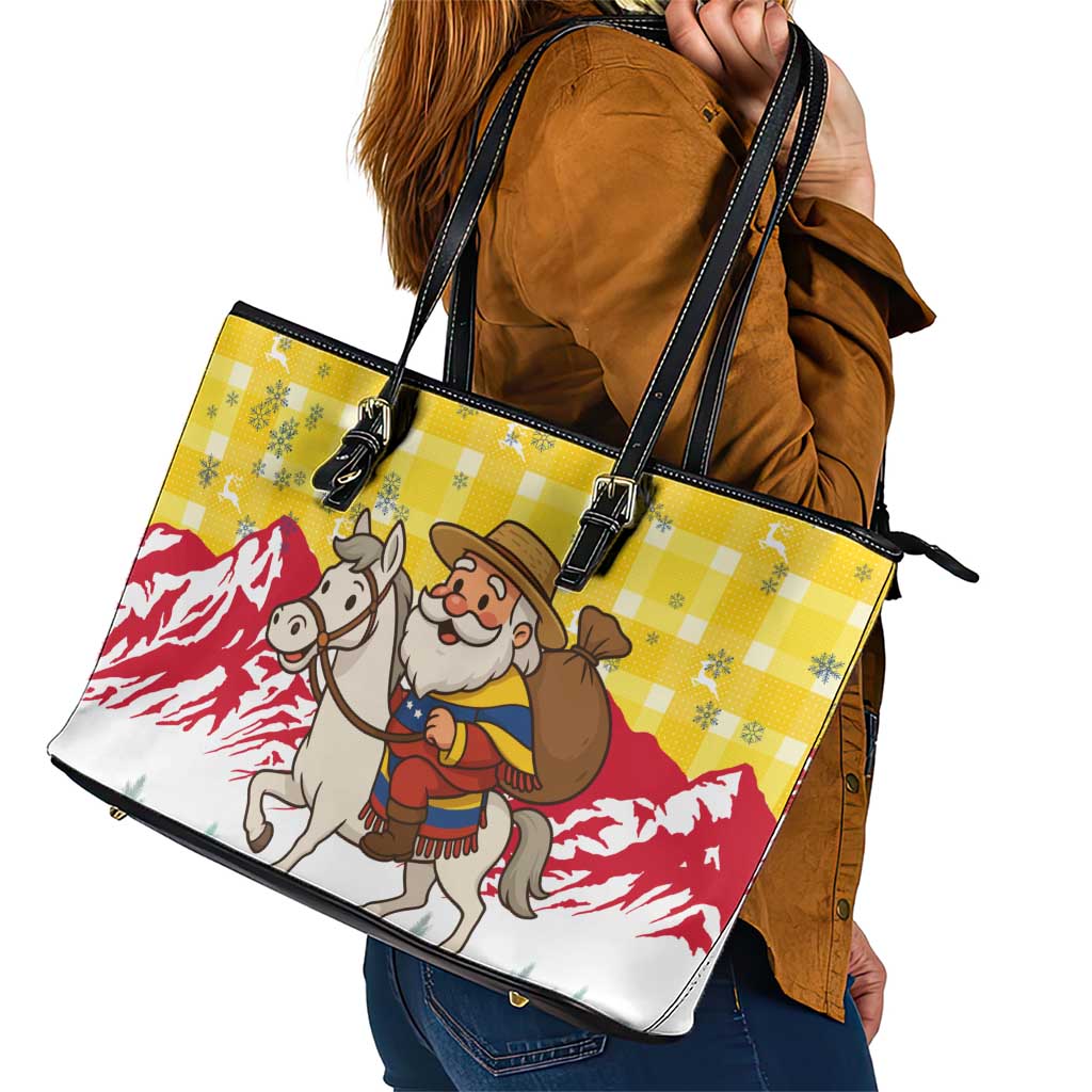Venezuela Christmas Leather Tote Bag with Santa on Horse Traditional Outfit Snowflakes and Yellow Plaid - Wonder Print Shop