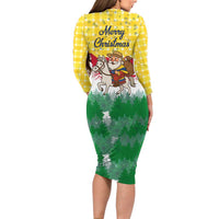 Venezuela Christmas Long Sleeve Bodycon Dress with Santa on Horse Traditional Outfit Snowflakes and Yellow Plaid - Wonder Print Shop
