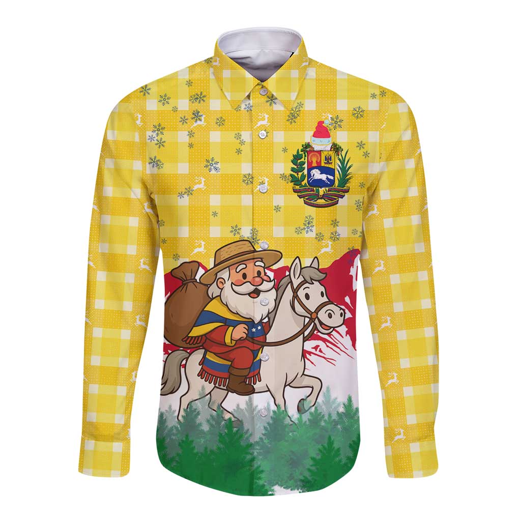 Venezuela Christmas Long Sleeve Button Shirt with Santa on Horse Traditional Outfit Snowflakes and Yellow Plaid - Wonder Print Shop