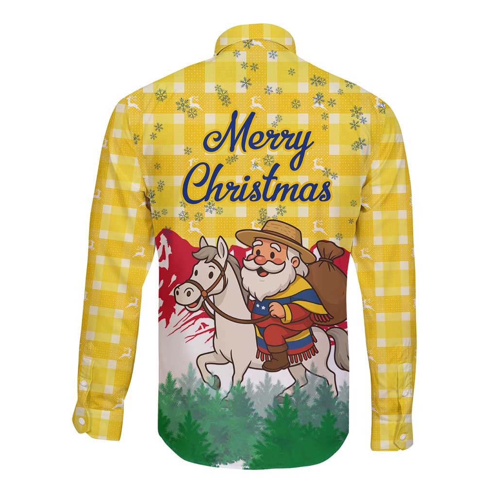 Venezuela Christmas Long Sleeve Button Shirt with Santa on Horse Traditional Outfit Snowflakes and Yellow Plaid - Wonder Print Shop
