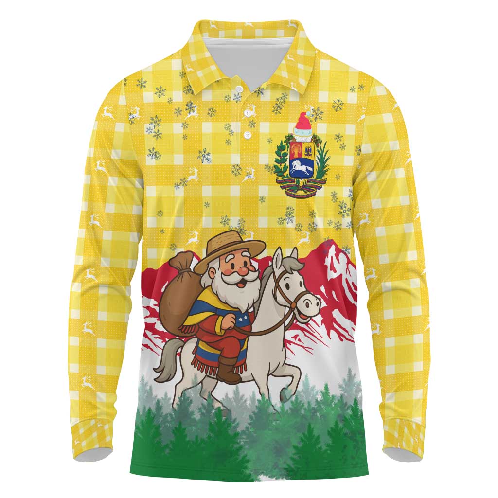 Venezuela Christmas Long Sleeve Polo Shirt with Santa on Horse Traditional Outfit Snowflakes and Yellow Plaid - Wonder Print Shop