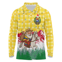 Venezuela Christmas Long Sleeve Polo Shirt with Santa on Horse Traditional Outfit Snowflakes and Yellow Plaid - Wonder Print Shop
