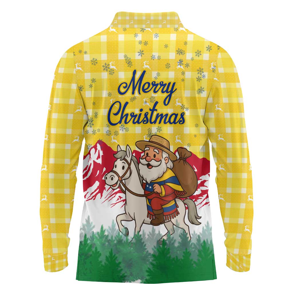 Venezuela Christmas Long Sleeve Polo Shirt with Santa on Horse Traditional Outfit Snowflakes and Yellow Plaid - Wonder Print Shop