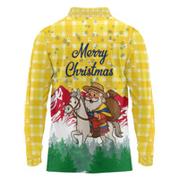 Venezuela Christmas Long Sleeve Polo Shirt with Santa on Horse Traditional Outfit Snowflakes and Yellow Plaid - Wonder Print Shop