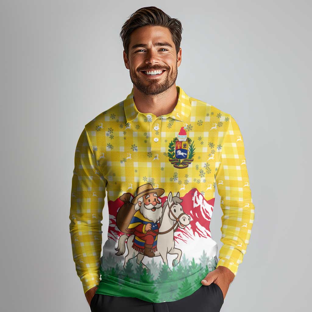 Venezuela Christmas Long Sleeve Polo Shirt with Santa on Horse Traditional Outfit Snowflakes and Yellow Plaid - Wonder Print Shop