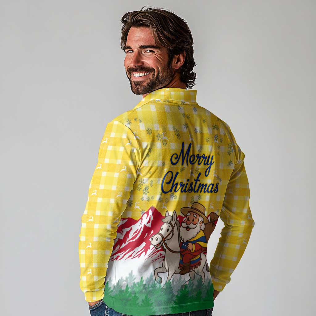 Venezuela Christmas Long Sleeve Polo Shirt with Santa on Horse Traditional Outfit Snowflakes and Yellow Plaid - Wonder Print Shop