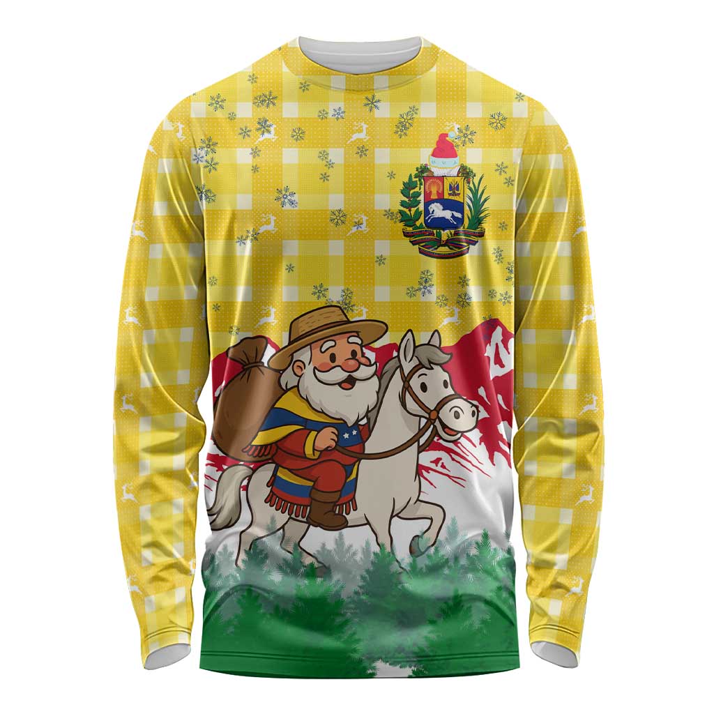 Venezuela Christmas Long Sleeve Shirt with Santa on Horse Traditional Outfit Snowflakes and Yellow Plaid - Wonder Print Shop