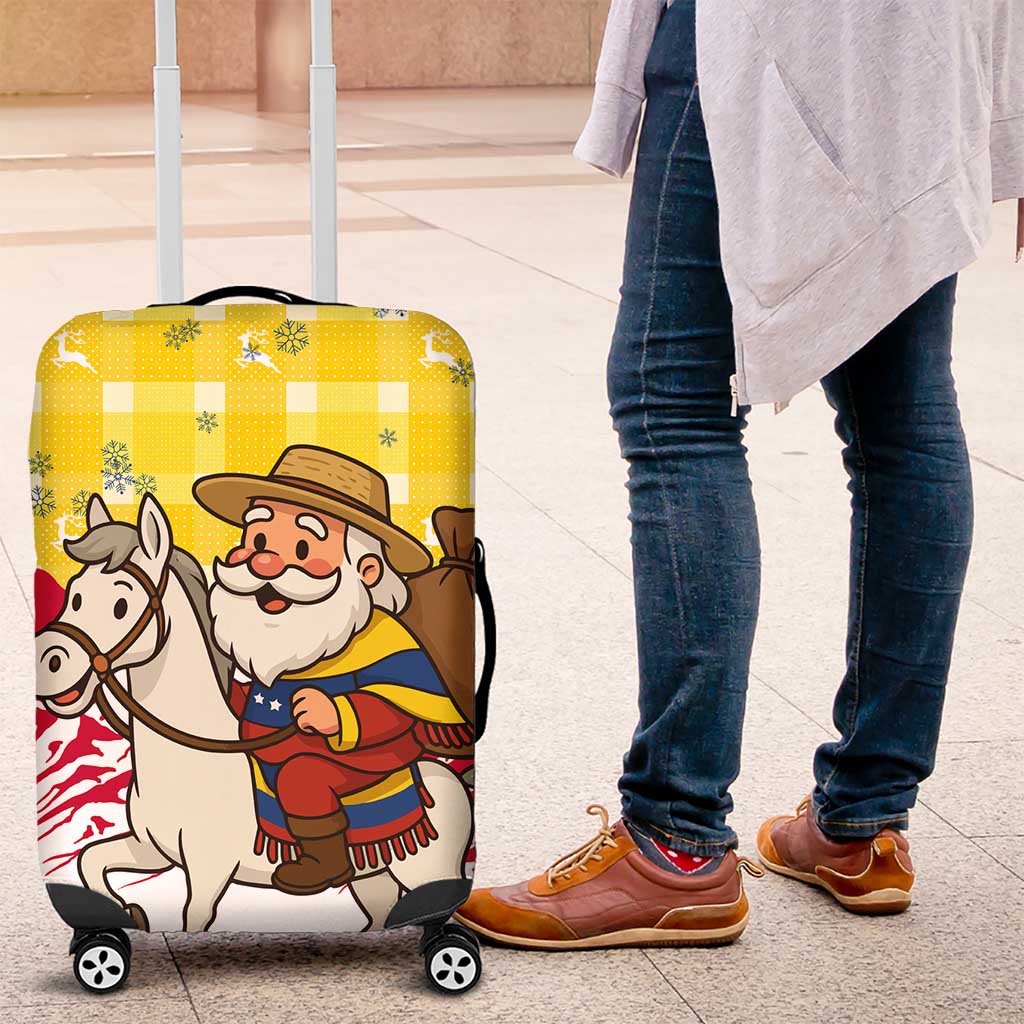 Venezuela Christmas Luggage Cover with Santa on Horse Traditional Outfit Snowflakes and Yellow Plaid - Wonder Print Shop