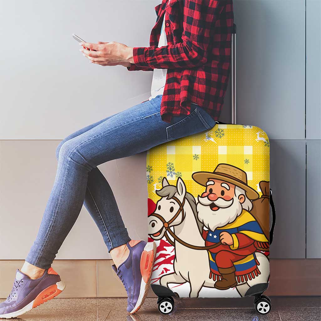 Venezuela Christmas Luggage Cover with Santa on Horse Traditional Outfit Snowflakes and Yellow Plaid - Wonder Print Shop
