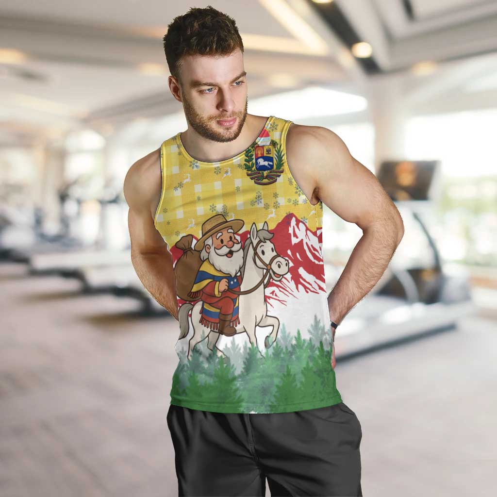 Venezuela Christmas Men Tank Top with Santa on Horse Traditional Outfit Snowflakes and Yellow Plaid - Wonder Print Shop