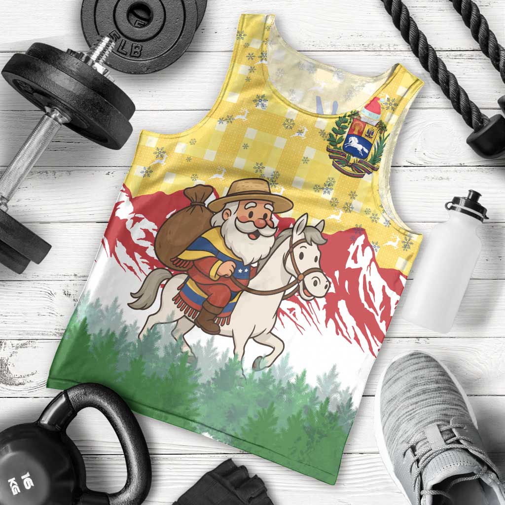 Venezuela Christmas Men Tank Top with Santa on Horse Traditional Outfit Snowflakes and Yellow Plaid - Wonder Print Shop