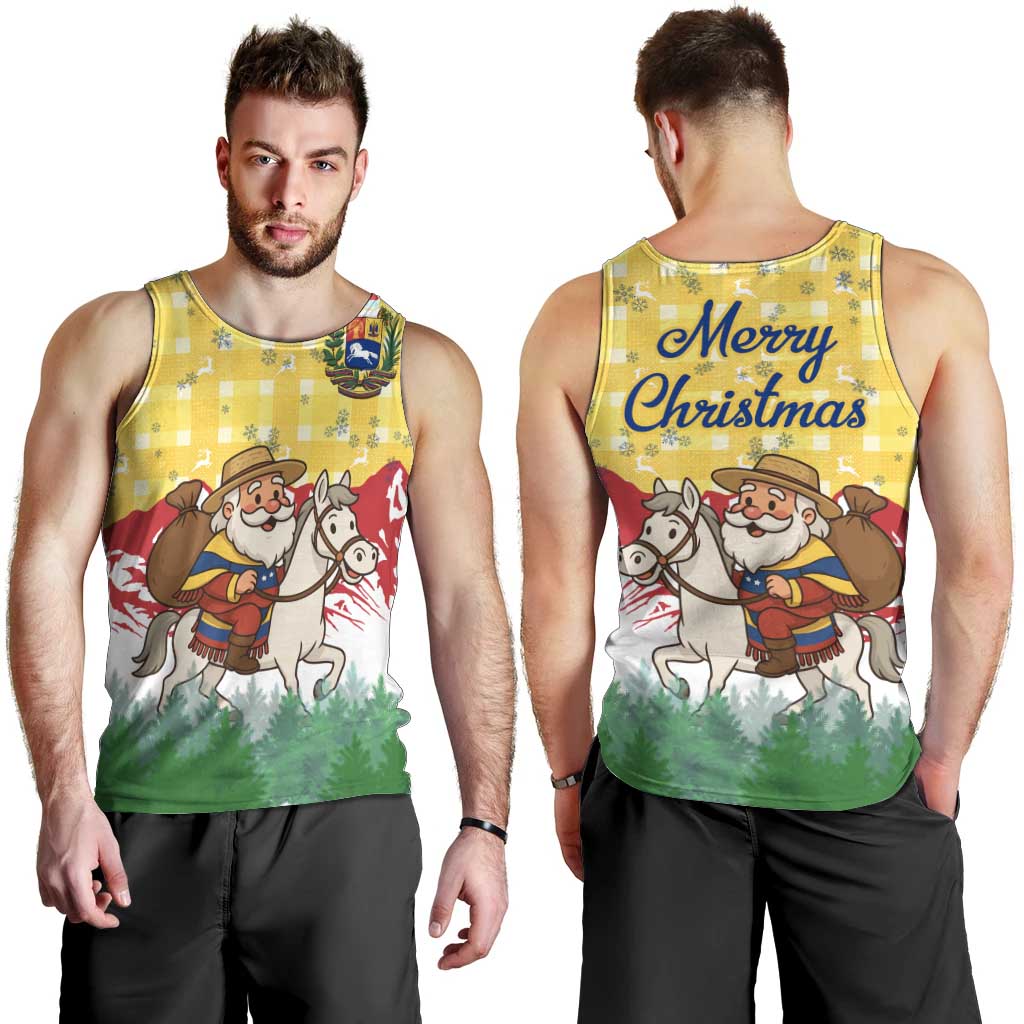 Venezuela Christmas Men Tank Top with Santa on Horse Traditional Outfit Snowflakes and Yellow Plaid - Wonder Print Shop