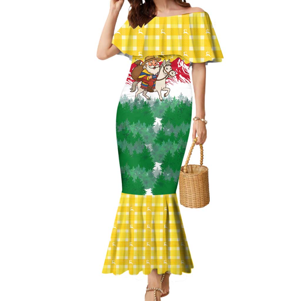 Venezuela Christmas Mermaid Dress with Santa on Horse Traditional Outfit Snowflakes and Yellow Plaid - Wonder Print Shop