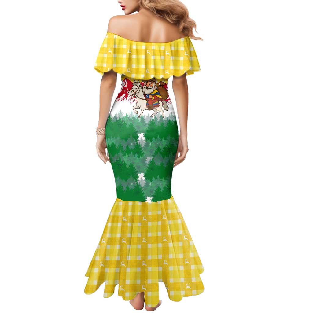 Venezuela Christmas Mermaid Dress with Santa on Horse Traditional Outfit Snowflakes and Yellow Plaid - Wonder Print Shop