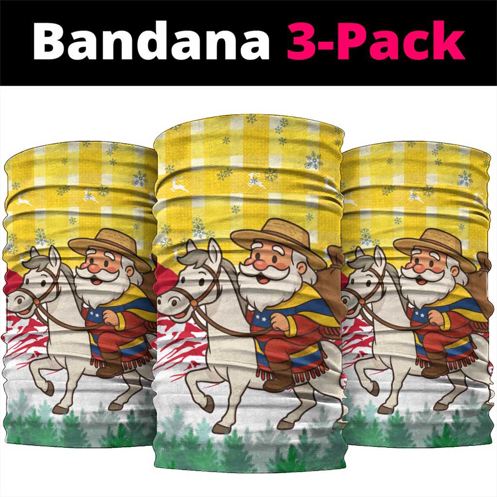 Venezuela Christmas Neck Gaiter with Santa on Horse Traditional Outfit Snowflakes and Yellow Plaid - Wonder Print Shop