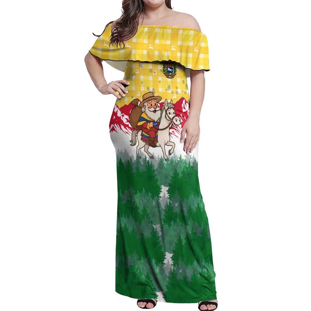 Venezuela Christmas Off Shoulder Maxi Dress with Santa on Horse Traditional Outfit Snowflakes and Yellow Plaid - Wonder Print Shop
