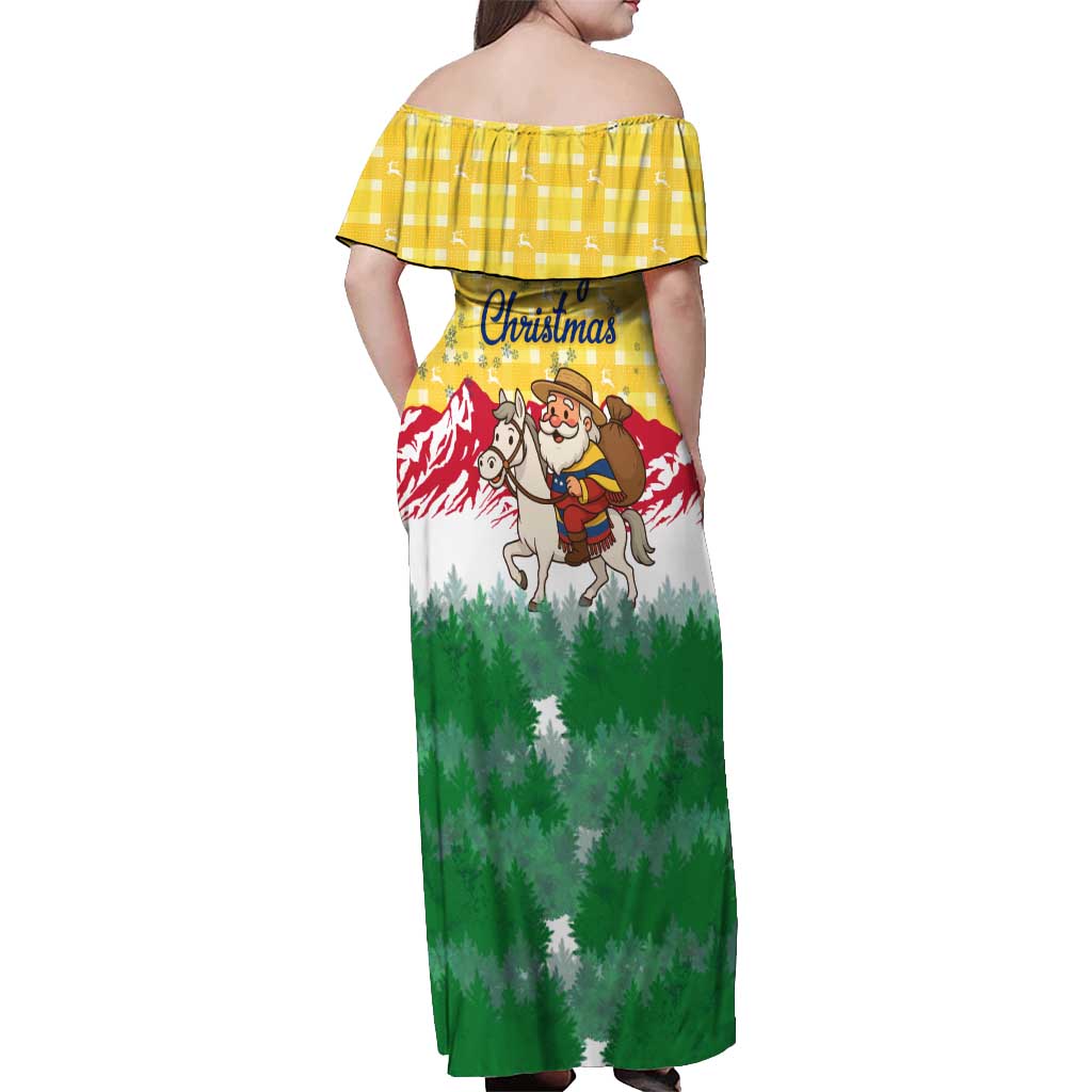 Venezuela Christmas Off Shoulder Maxi Dress with Santa on Horse Traditional Outfit Snowflakes and Yellow Plaid - Wonder Print Shop