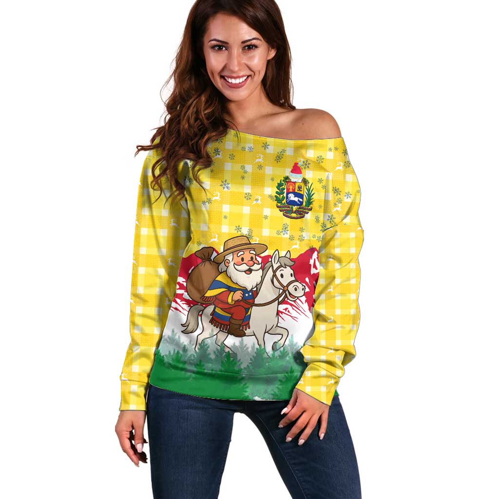 Venezuela Christmas Off Shoulder Sweater with Santa on Horse Traditional Outfit Snowflakes and Yellow Plaid - Wonder Print Shop
