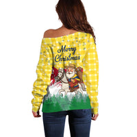 Venezuela Christmas Off Shoulder Sweater with Santa on Horse Traditional Outfit Snowflakes and Yellow Plaid - Wonder Print Shop