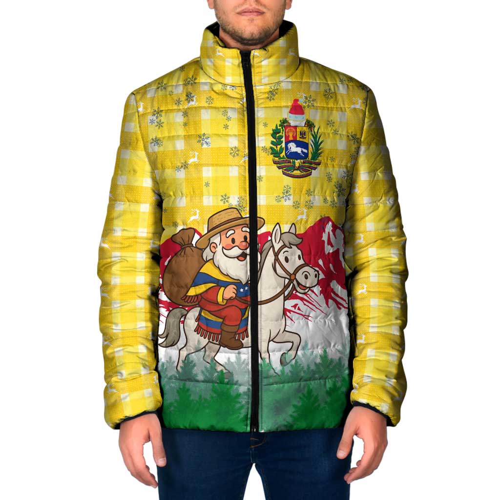 Venezuela Christmas Padded Jacket with Santa on Horse Traditional Outfit Snowflakes and Yellow Plaid - Wonder Print Shop