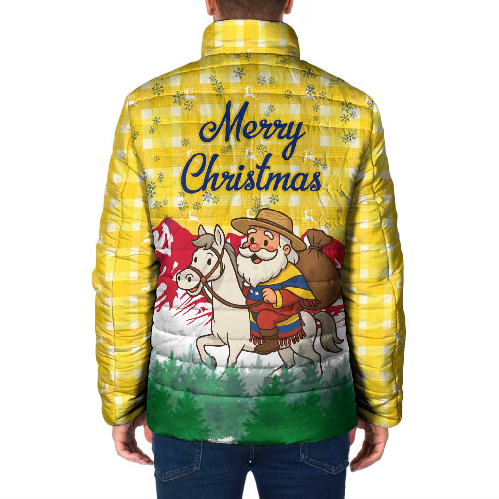 Venezuela Christmas Padded Jacket with Santa on Horse Traditional Outfit Snowflakes and Yellow Plaid - Wonder Print Shop