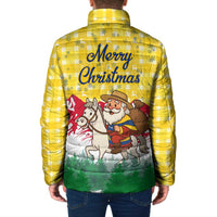 Venezuela Christmas Padded Jacket with Santa on Horse Traditional Outfit Snowflakes and Yellow Plaid - Wonder Print Shop