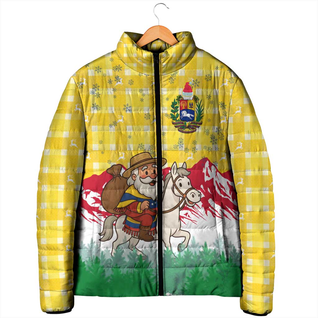 Venezuela Christmas Padded Jacket with Santa on Horse Traditional Outfit Snowflakes and Yellow Plaid - Wonder Print Shop