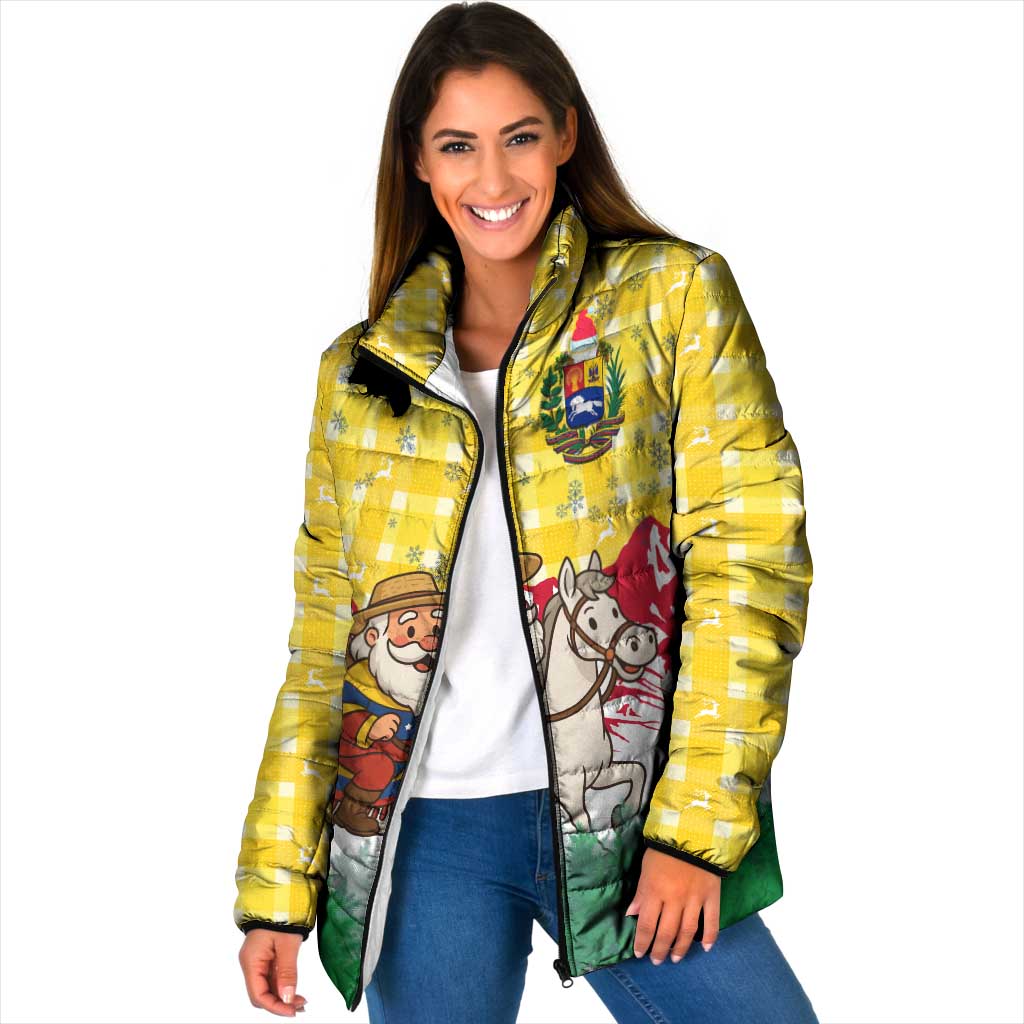 Venezuela Christmas Padded Jacket with Santa on Horse Traditional Outfit Snowflakes and Yellow Plaid - Wonder Print Shop