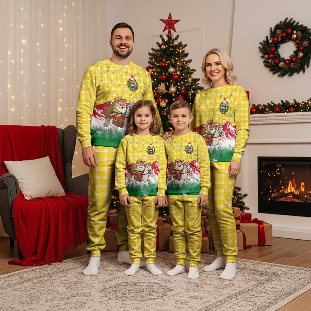 Venezuela Christmas Pajama Set with Santa on Horse Traditional Outfit Snowflakes and Yellow Plaid - Wonder Print Shop