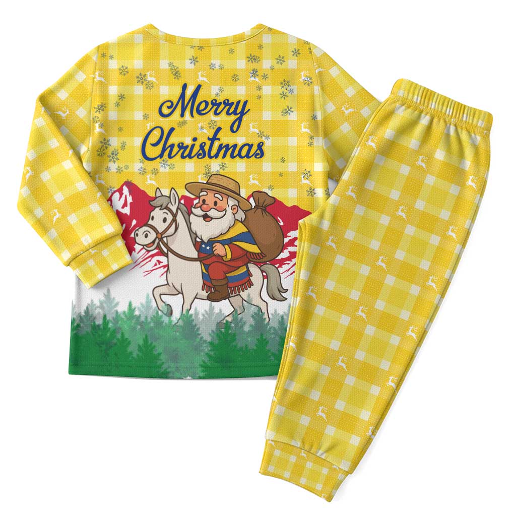 Venezuela Christmas Pajama Set with Santa on Horse Traditional Outfit Snowflakes and Yellow Plaid - Wonder Print Shop