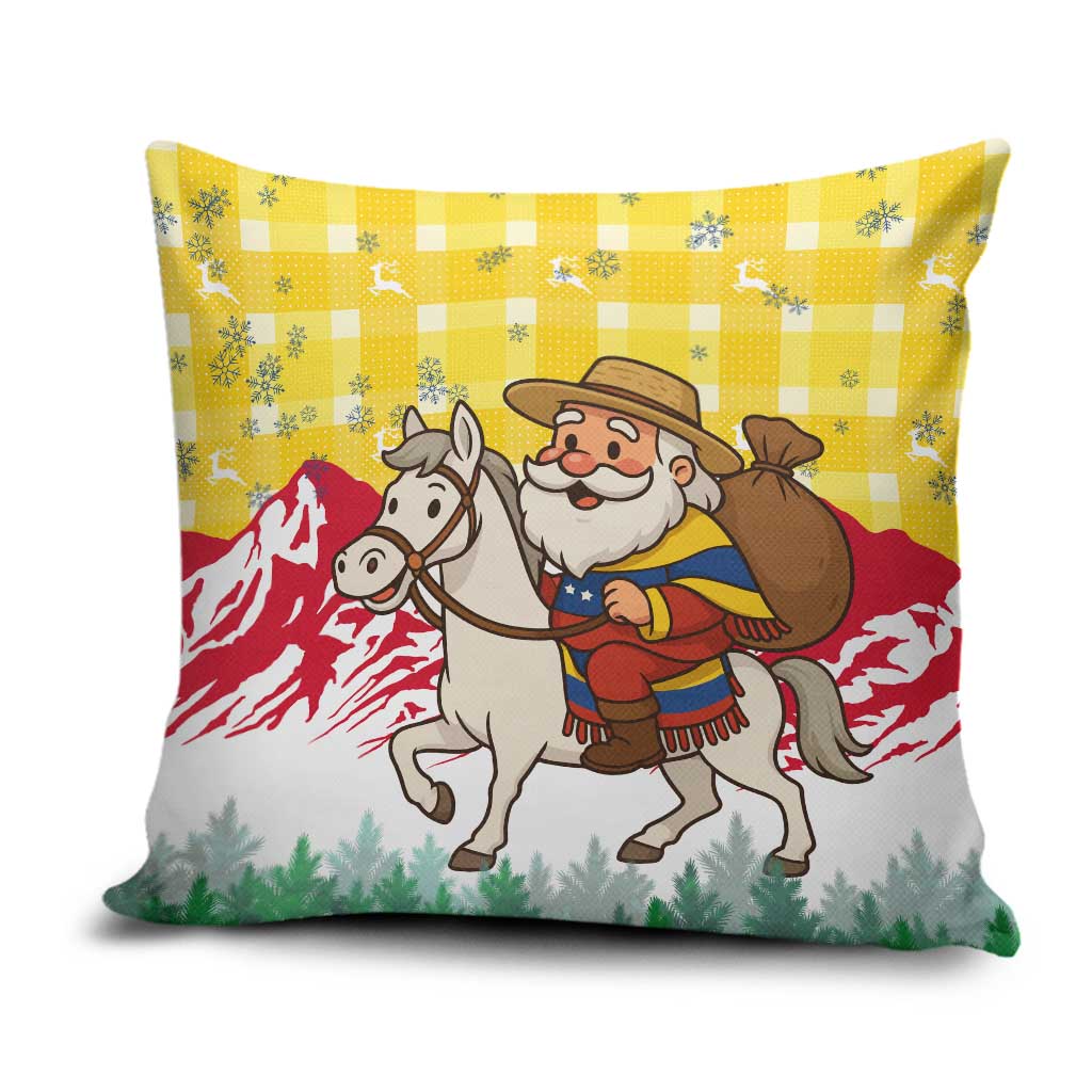 Venezuela Christmas Pillow Cover with Santa on Horse Traditional Outfit Snowflakes and Yellow Plaid - Wonder Print Shop