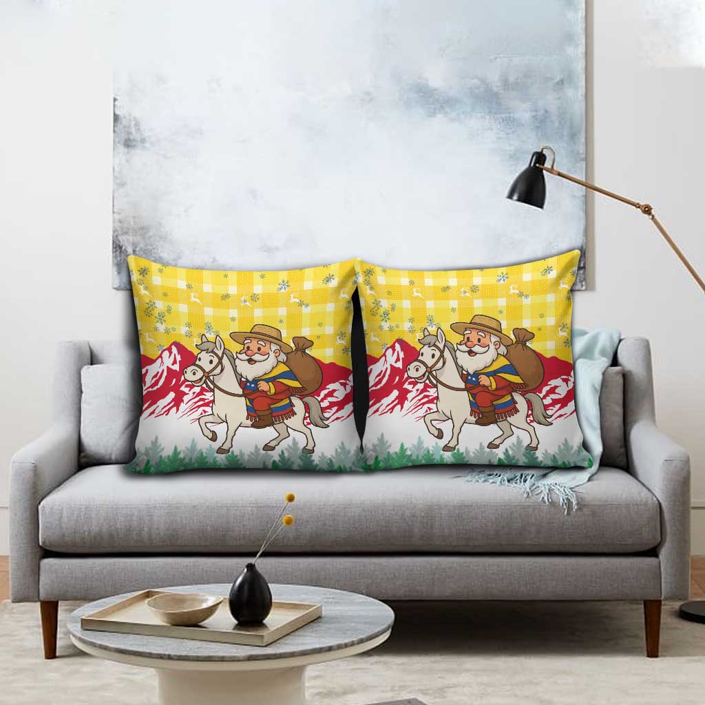 Venezuela Christmas Pillow Cover with Santa on Horse Traditional Outfit Snowflakes and Yellow Plaid - Wonder Print Shop